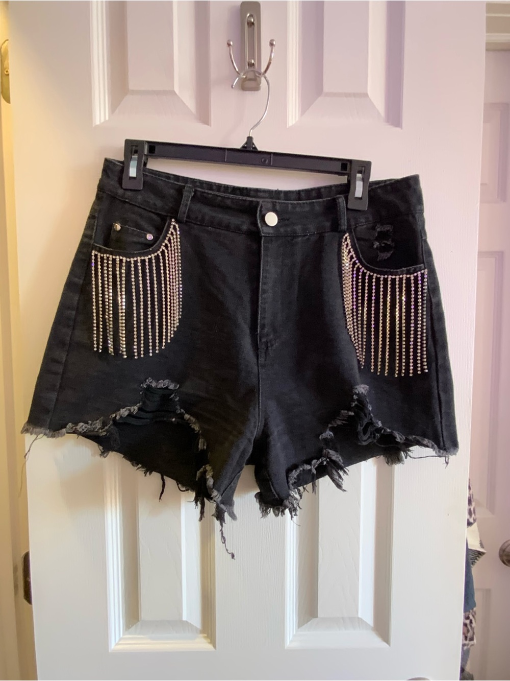 Black Distressed Jean Shorts with Rhinestone Fringe